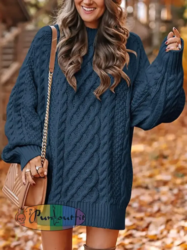 Women’s Chunky Knit Round Neck Pullover Sweater Dress