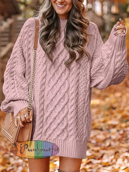 Women’s Chunky Knit Round Neck Pullover Sweater Dress