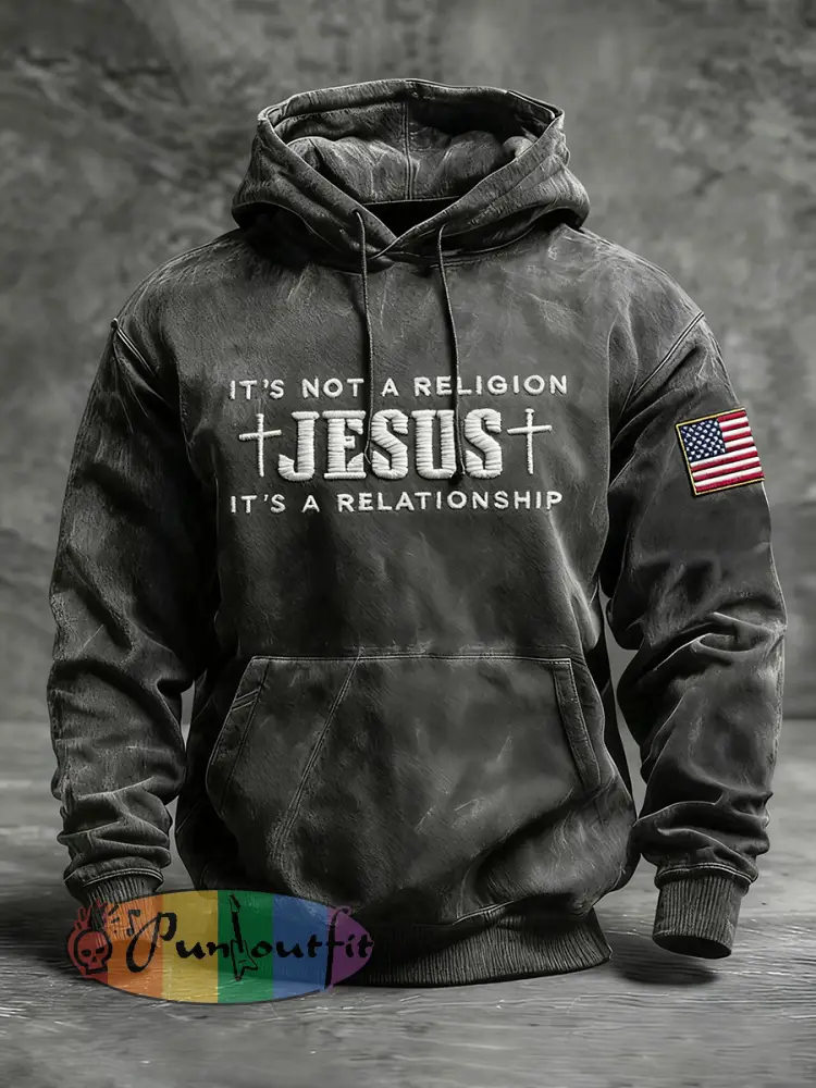 Men’s Vintage Jesus Cross Oversized Drop-Shoulder Hoodie with Pockets