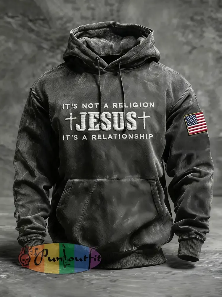 Men’s Vintage Jesus Cross Oversized Drop-Shoulder Hoodie with Pockets