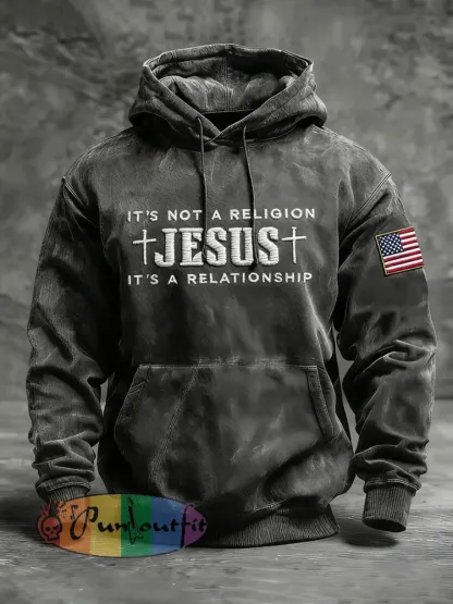 Men’s Vintage Jesus Cross Oversized Drop-Shoulder Hoodie with Pockets