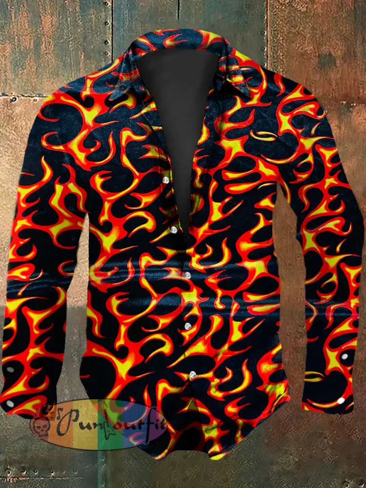 Retro Punk Halloween Gradient Flames Abstract Print Casual Long Sleeve Shirt