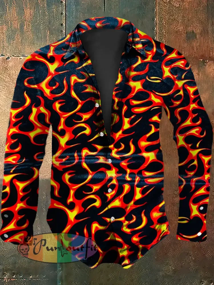 Retro Punk Halloween Gradient Flames Abstract Print Casual Long Sleeve Shirt