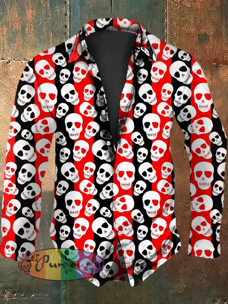 Retro Punk Halloween Red Skull Colour-Block Abstract Print Casual Long Sleeve Shirt