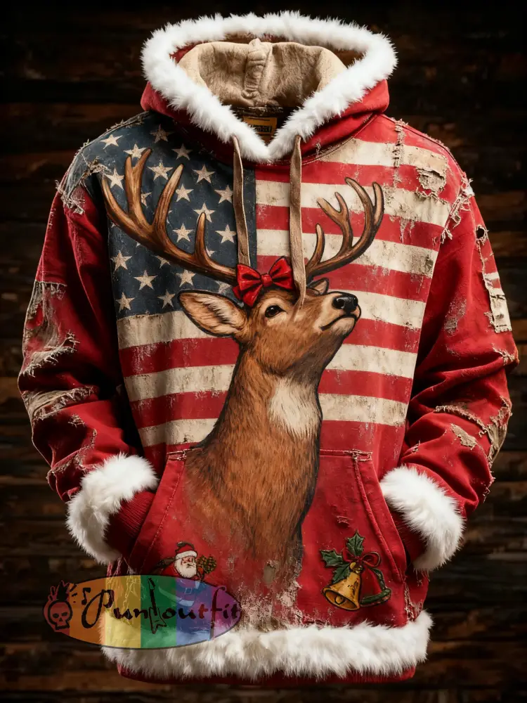 Men’s Retro American Flag Christmas Elk Printed Hoodie
