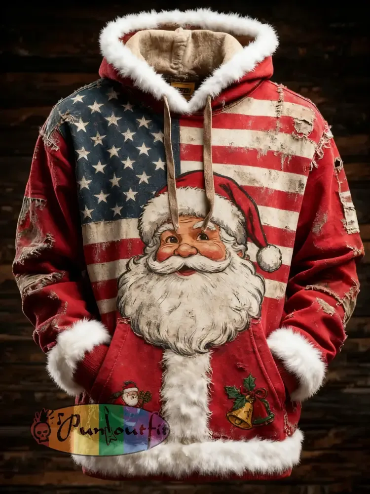 Men’s Retro American Flag Christmas Santa Claus Printed Hoodie