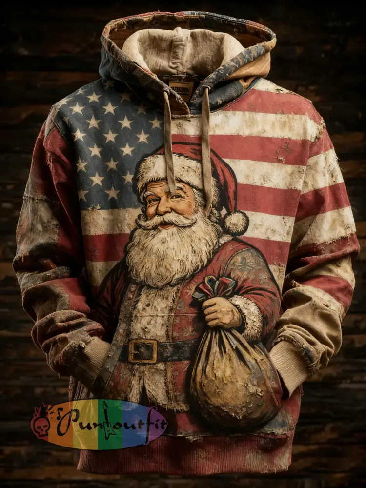 Men’s Retro American Flag Christmas Santa Claus Printed Hoodie
