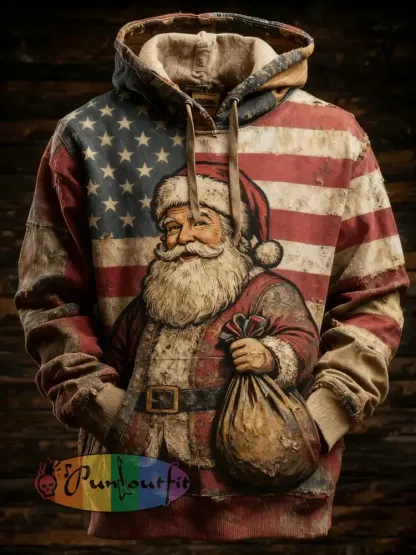Men’s Retro American Flag Christmas Santa Claus Printed Hoodie
