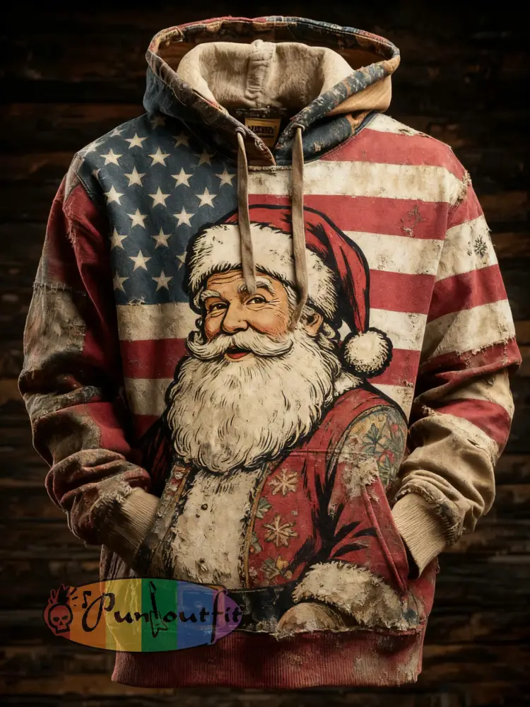 Men’s Retro American Flag Christmas Santa Claus Printed Hoodie