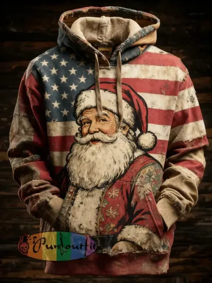 Men’s Retro American Flag Christmas Santa Claus Printed Hoodie