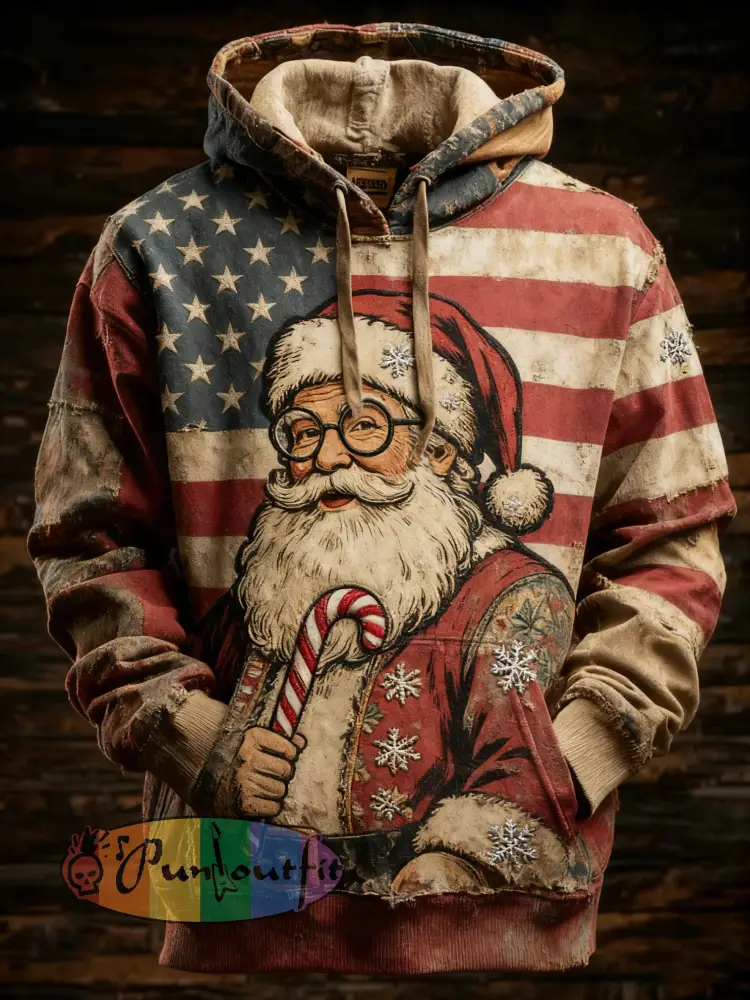 Men’s Retro American Flag Christmas Santa Claus Printed Hoodie