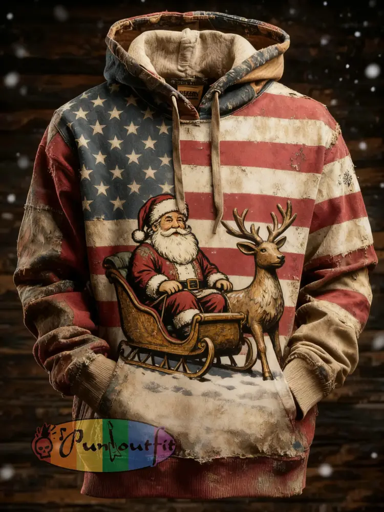 Men’s Retro American Flag Christmas Santa Claus Printed Hoodie