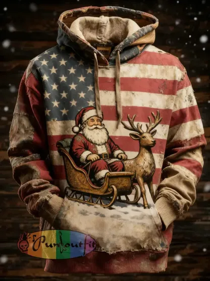 Men’s Retro American Flag Christmas Santa Claus Printed Hoodie
