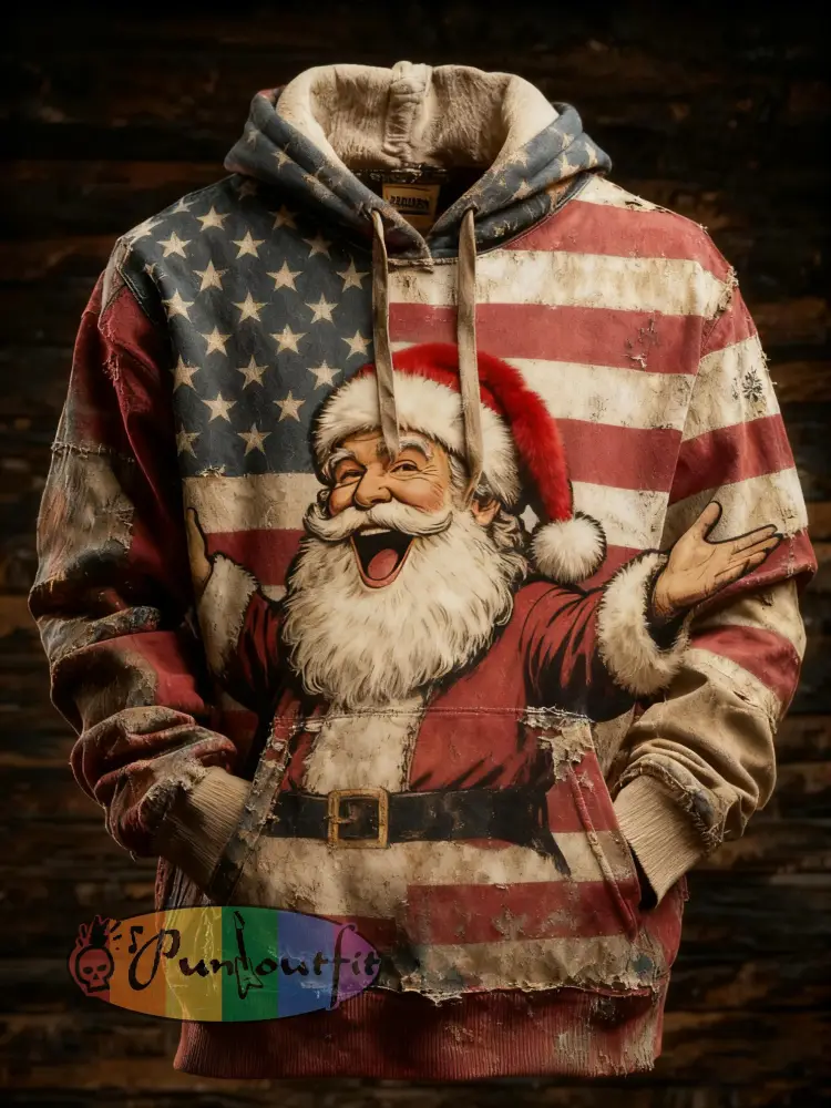 Men’s Retro American Flag Christmas Santa Claus Printed Hoodie