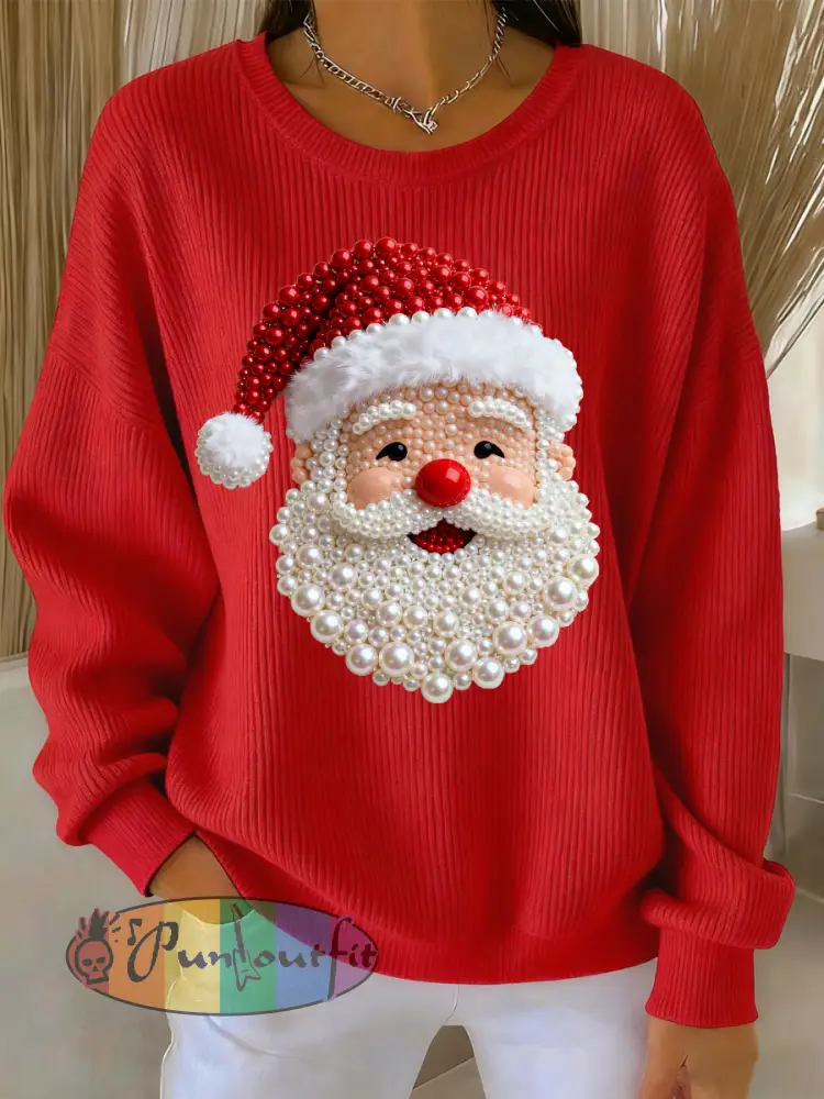 Women’s Christmas Pearl Santa Claus Print Casual Sweater