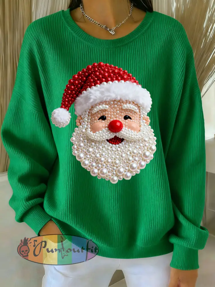 Women’s Christmas Pearl Santa Claus Print Casual Sweater