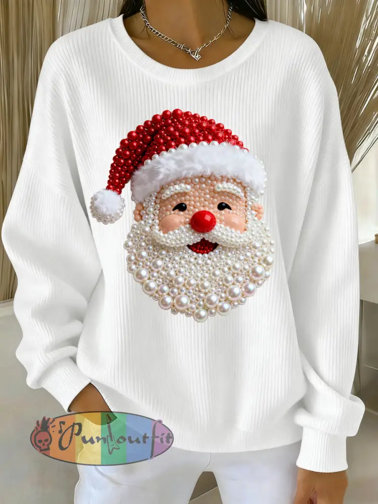 Women’s Christmas Pearl Santa Claus Print Casual Sweater