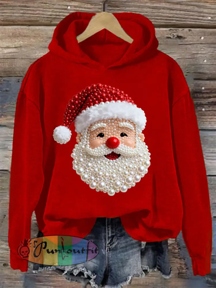Women’s Christmas Pearl Santa Claus Print Casual Hoodie
