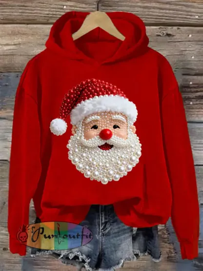 Women’s Christmas Pearl Santa Claus Print Casual Hoodie