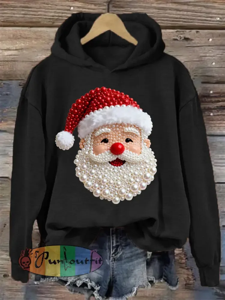 Women’s Christmas Pearl Santa Claus Print Casual Hoodie