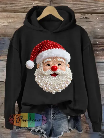 Women’s Christmas Pearl Santa Claus Print Casual Hoodie