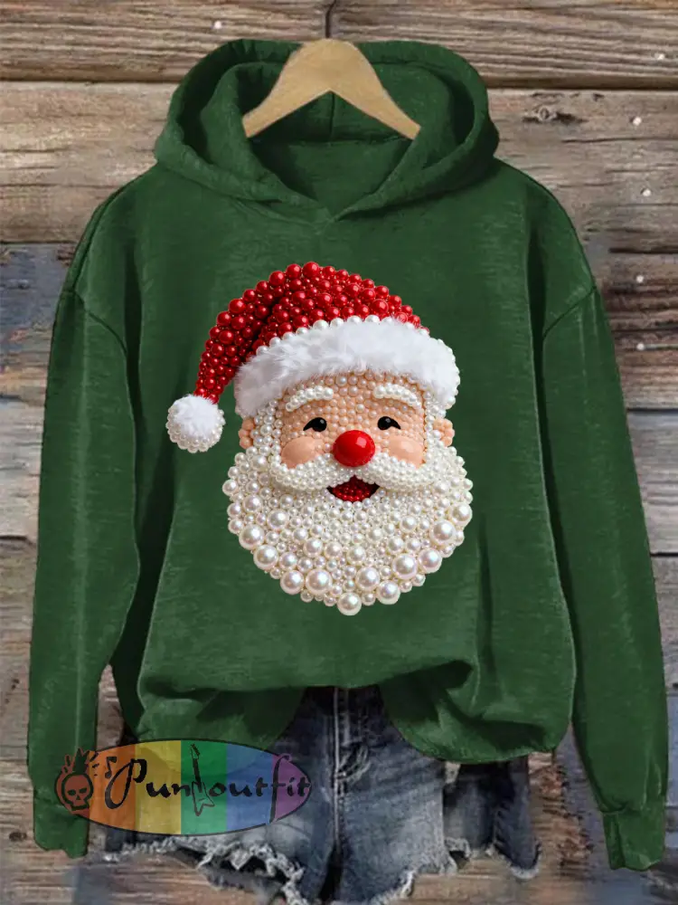 Women’s Christmas Pearl Santa Claus Print Casual Hoodie