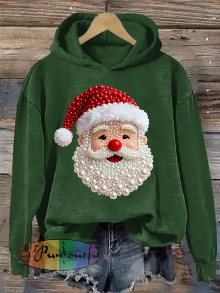 Women’s Christmas Pearl Santa Claus Print Casual Hoodie