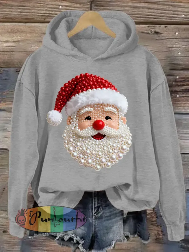 Women’s Christmas Pearl Santa Claus Print Casual Hoodie