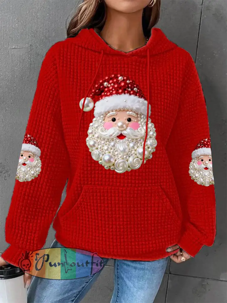 Women’s Christmas Pearl Santa Claus Print Casual Waffle Hoodie