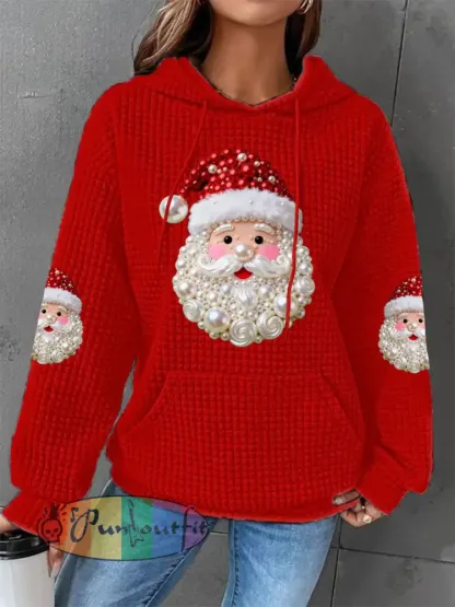 Women’s Christmas Pearl Santa Claus Print Casual Waffle Hoodie