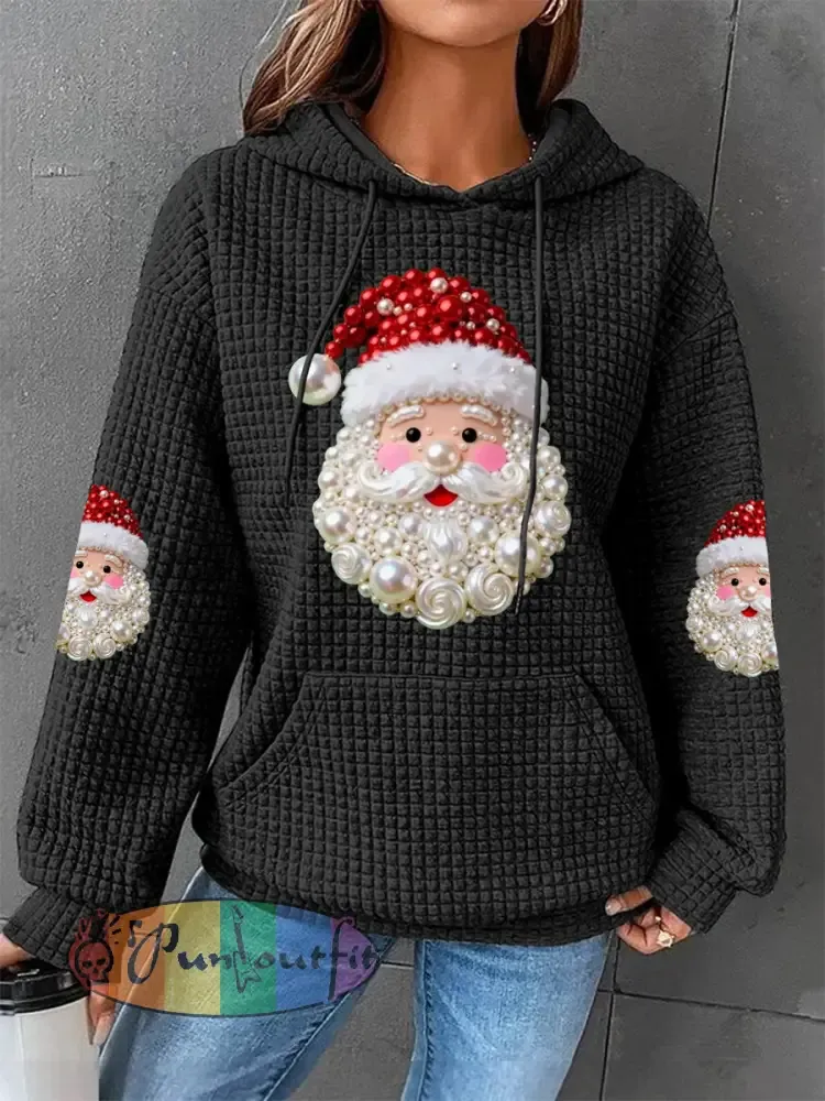 Women’s Christmas Pearl Santa Claus Print Casual Waffle Hoodie
