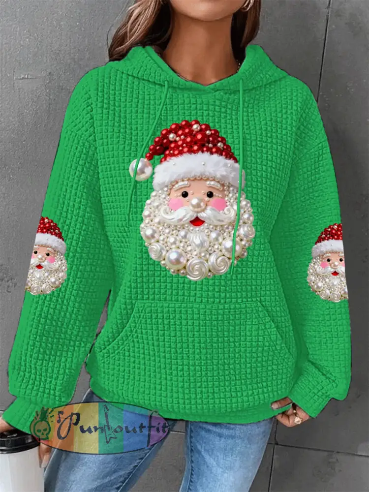 Women’s Christmas Pearl Santa Claus Print Casual Waffle Hoodie