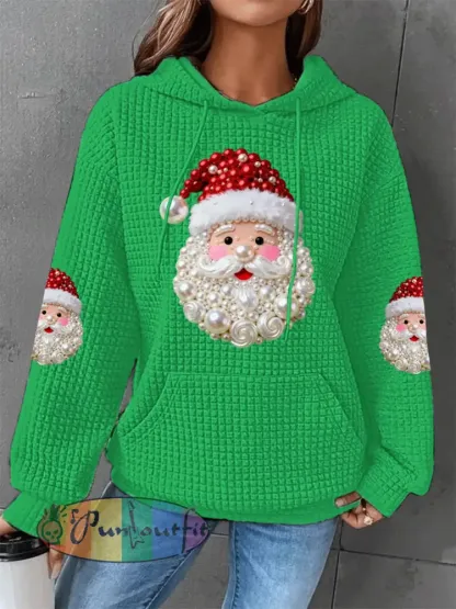 Women’s Christmas Pearl Santa Claus Print Casual Waffle Hoodie