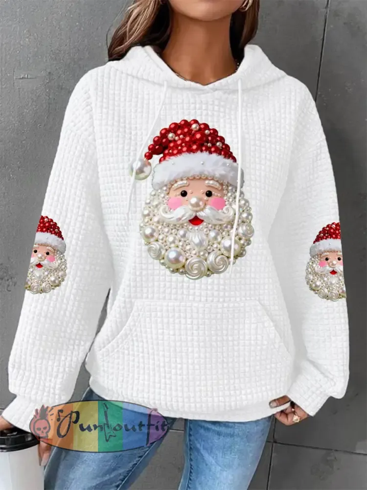 Women’s Christmas Pearl Santa Claus Print Casual Waffle Hoodie