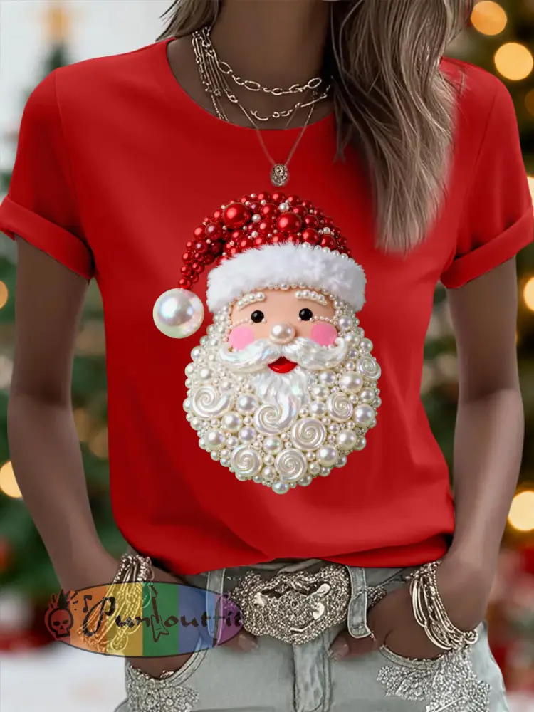 Women’s Christmas Pearl Santa Claus Print Casual Tee
