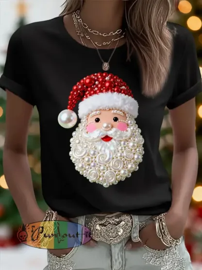 Women’s Christmas Pearl Santa Claus Print Casual Tee