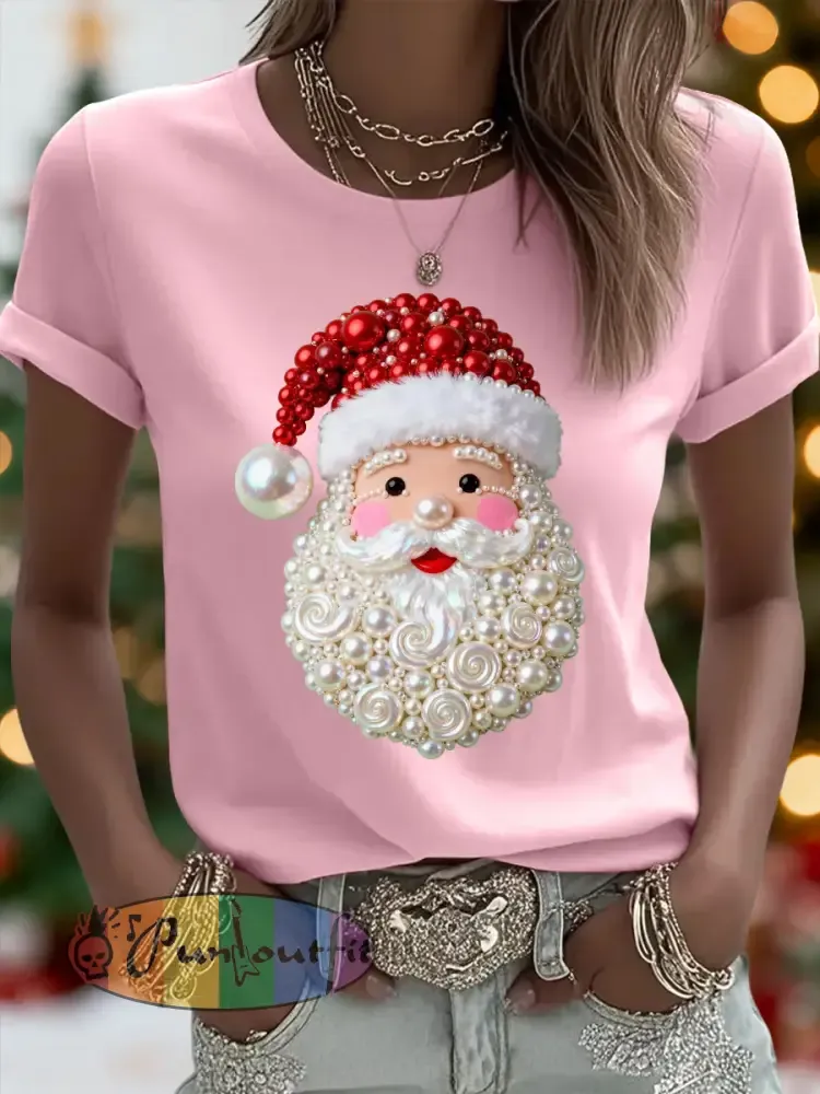 Women’s Christmas Pearl Santa Claus Print Casual Tee