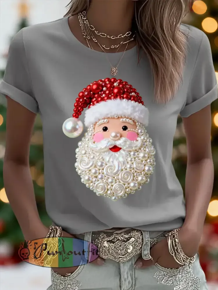 Women’s Christmas Pearl Santa Claus Print Casual Tee