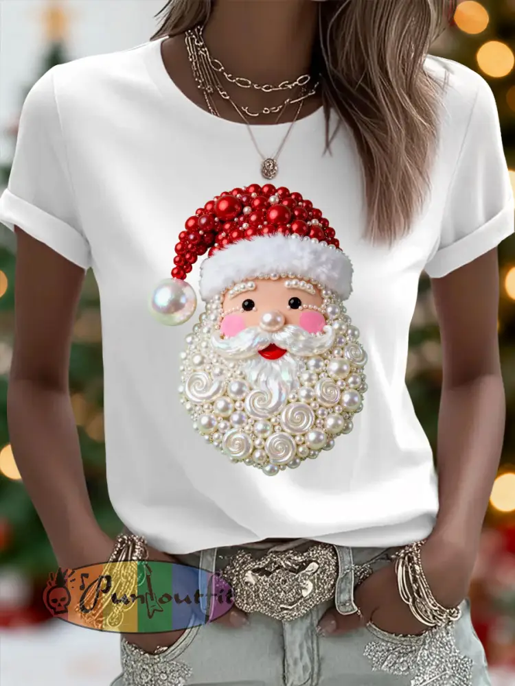 Women’s Christmas Pearl Santa Claus Print Casual Tee