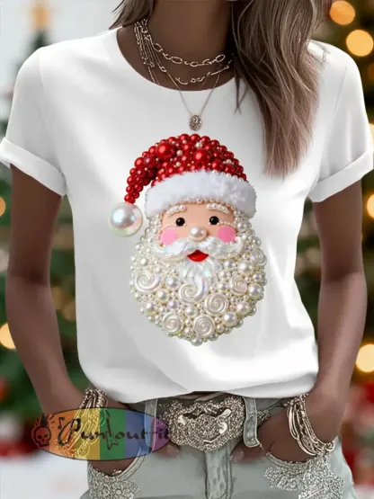 Women’s Christmas Pearl Santa Claus Print Casual Tee