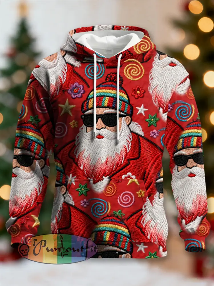 Men’s Retro Groovy Hippie Santa Print Casual Hoodie
