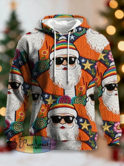 Men’s Retro Groovy Hippie Santa Print Casual Hoodie
