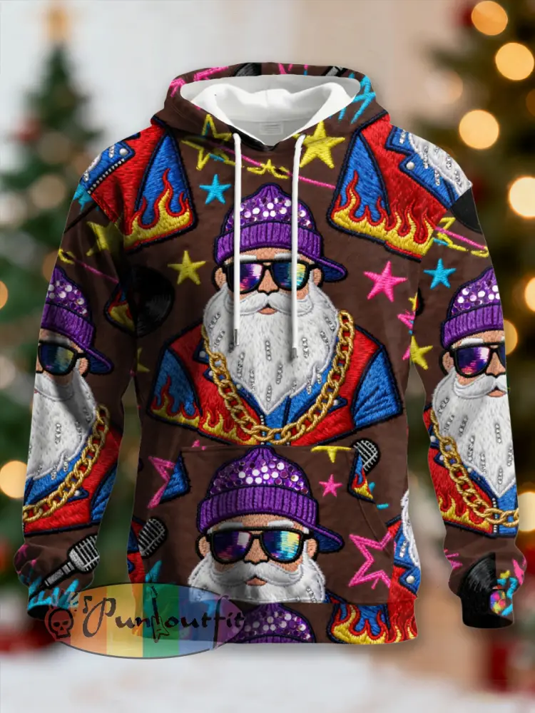 Men’s Retro Groovy Hippie Santa Print Casual Hoodie