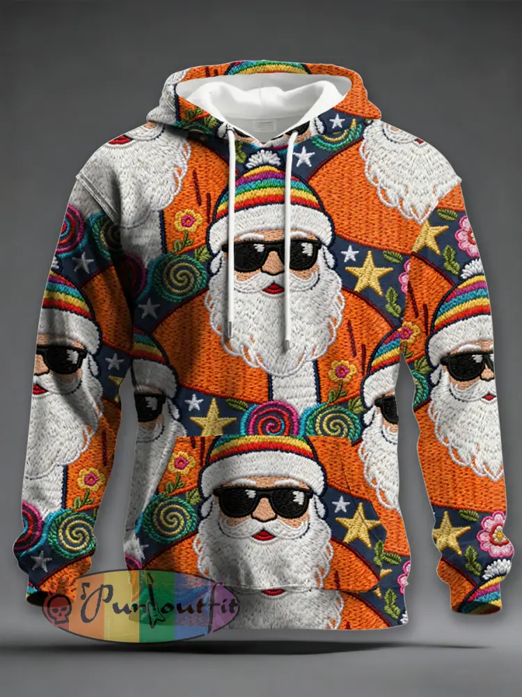 Men’s Retro Groovy Hippie Santa Print Casual Hoodie