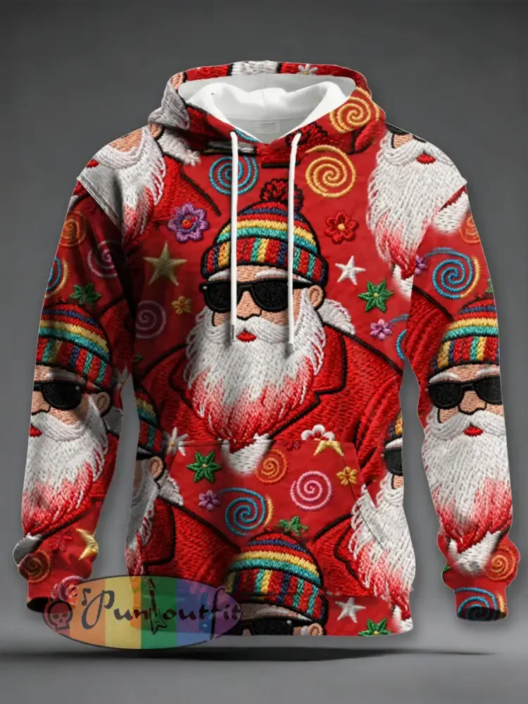 Men’s Retro Groovy Hippie Santa Print Casual Hoodie