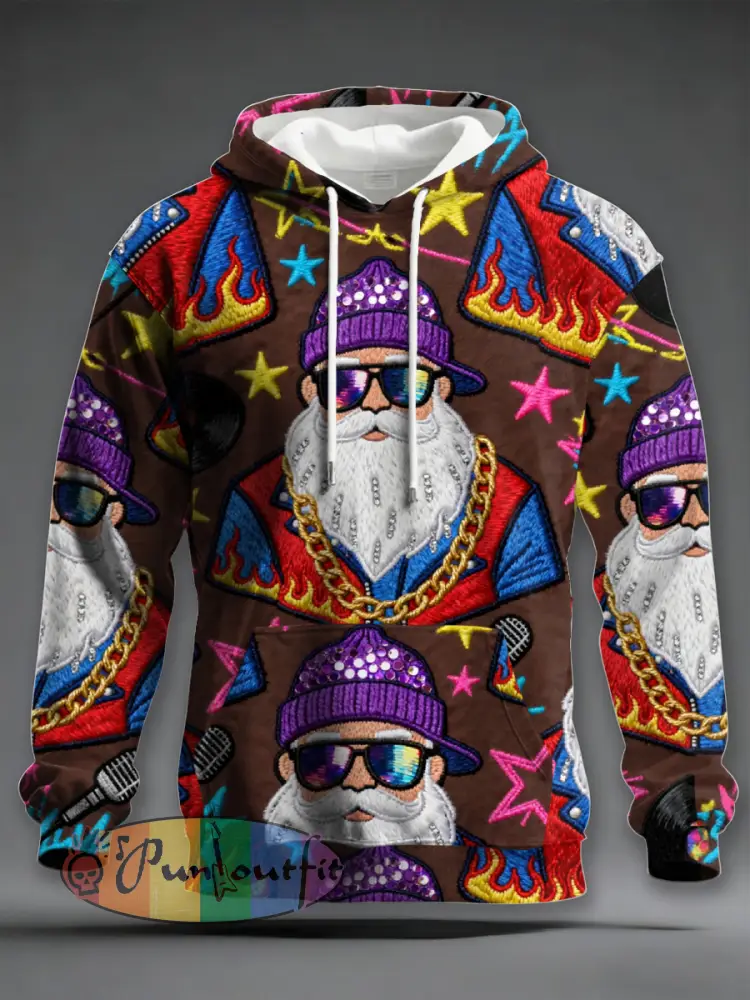 Men’s Retro Groovy Hippie Santa Print Casual Hoodie