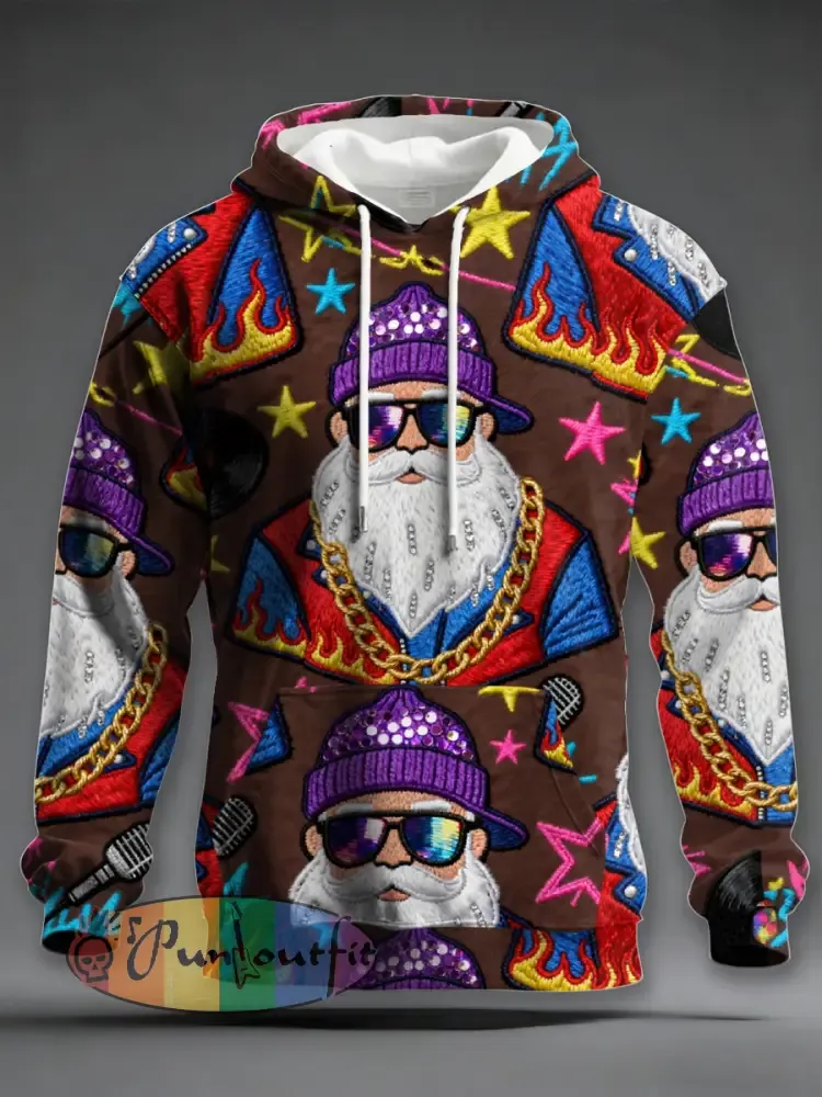 Men’s Retro Groovy Hippie Santa Print Casual Hoodie