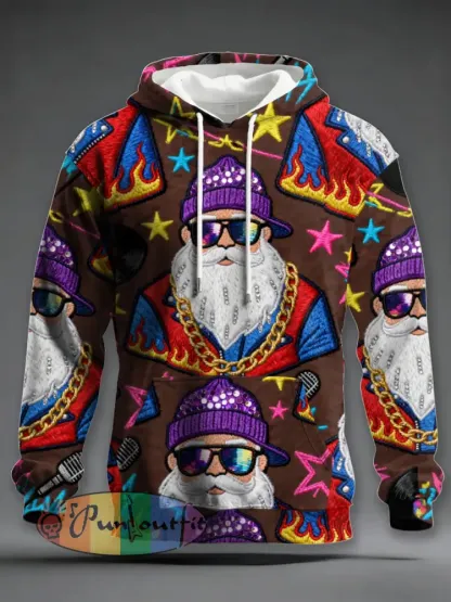 Men’s Retro Groovy Hippie Santa Print Casual Hoodie