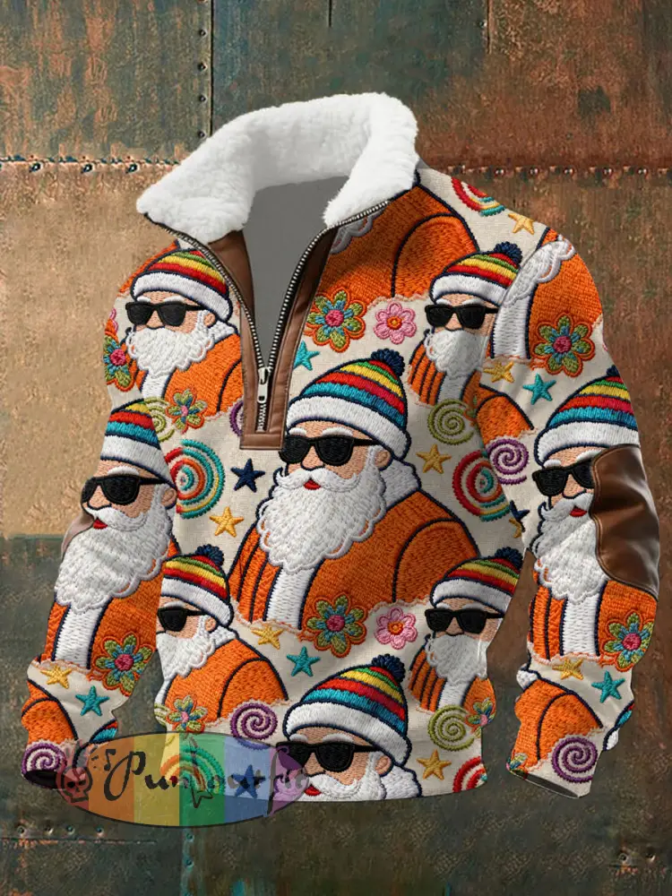 Men’s Retro Groovy Hippie Santa Print Casual Zipper Fur-Collar Pullover