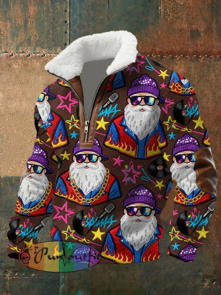 Men’s Retro Groovy Hippie Santa Print Casual Zipper Fur-Collar Pullover